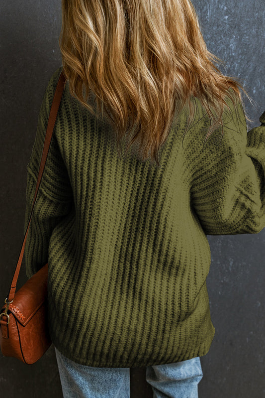 Green Ribbed Knit Round Neck Slouchy Chunky Sweater