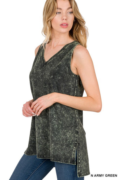 Mineral Wash Sleeveless V-Neck Top With Side Slit