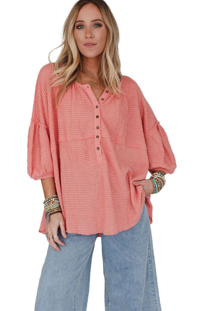 Pink Waffled Bracelet Sleeve Oversized Henley Top