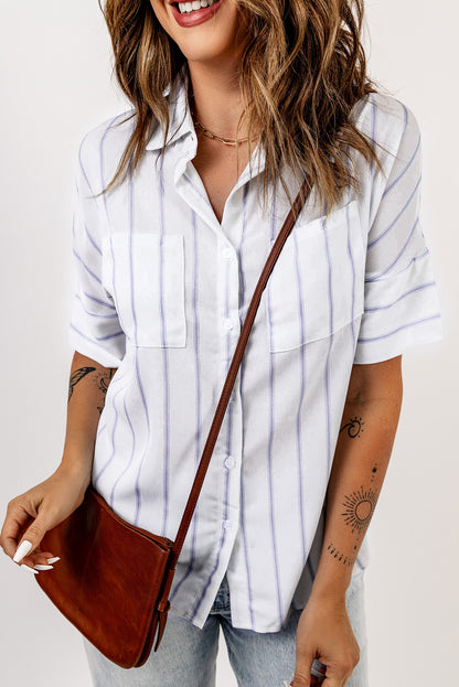 Black Striped Casual Short Sleeve Shirt with Pocket