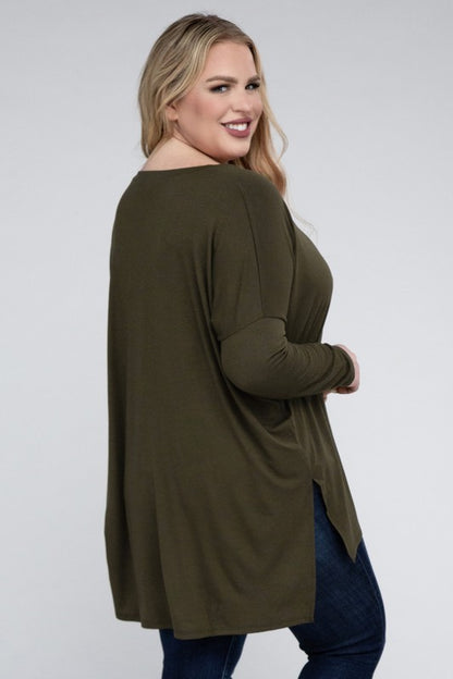 Plus Dolman Sleeve V-Neck Side Slit Hi-Low Hem Top