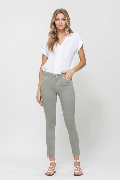 MID RISE DENIM OLIVE SKINNY FRAY HEM