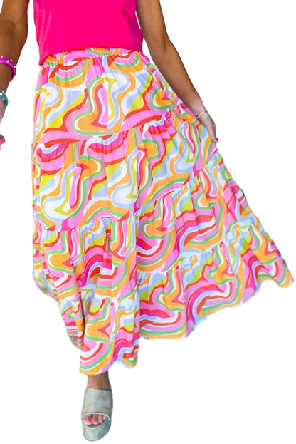 Pink Bohemian Abstract Print Tiered Maxi Skirt