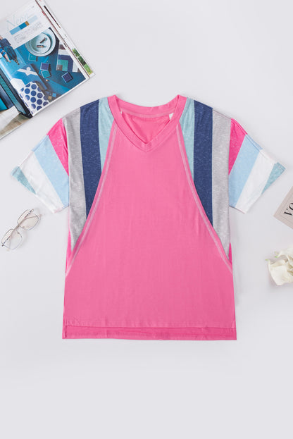 Pink Stripe Patchwork V Neck T Shirt