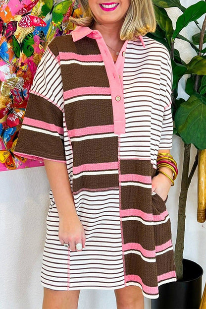 Brown Striped Textured Patchwork Buttoned T Shirt Dress