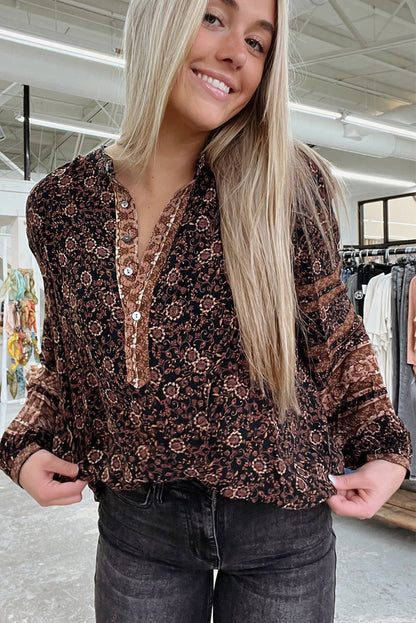 Brown Floral Print Boho Buttons Front Peasant Blouse