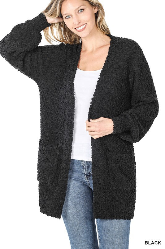 PUFF SLEEVE POPCORN CARDIGAN WITH POCKETS