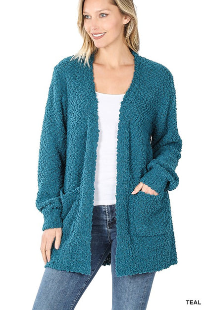 PUFF SLEEVE POPCORN CARDIGAN WITH POCKETS