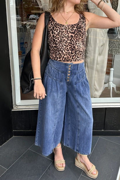 Dusk Blue High Rise Buttons Pleated Cropped Wide Leg Denim Pants