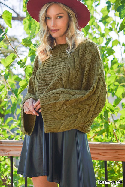 OVERSIZED BELL SLEEVE CABLE KNIT SWEATER