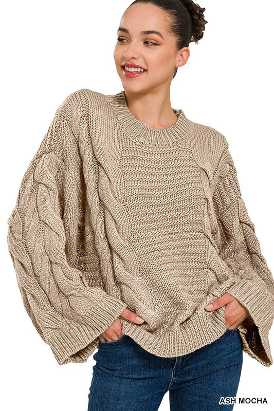 OVERSIZED BELL SLEEVE CABLE KNIT SWEATER