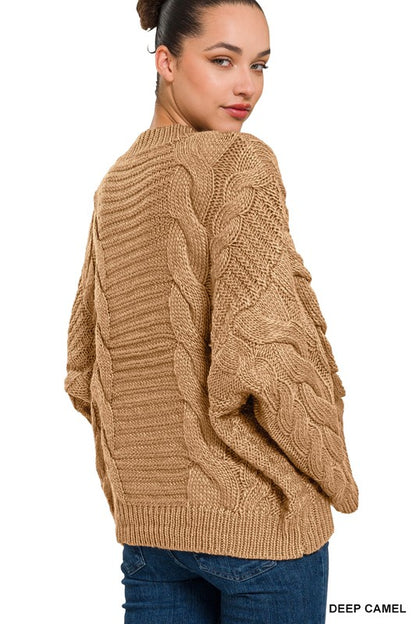 OVERSIZED BELL SLEEVE CABLE KNIT SWEATER