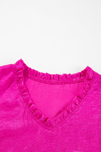 Gold Metallic Velvet Frill V Neck Puff Sleeve Babydoll Blouse