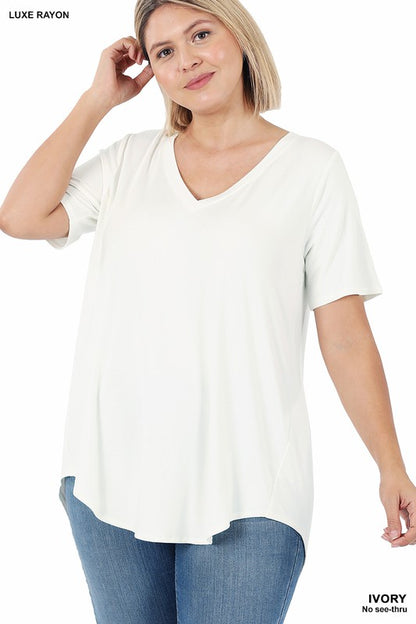 Plus Luxe Rayon S/Sleeve V-Neck Hi-Low Hem Top