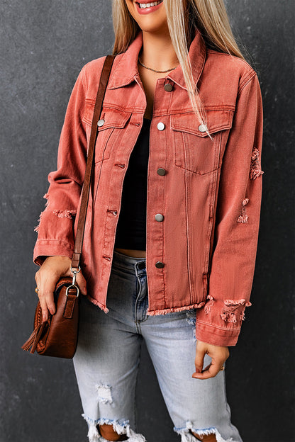 Red Distressed Raw Hem Pocket Buttons Denim Jacket