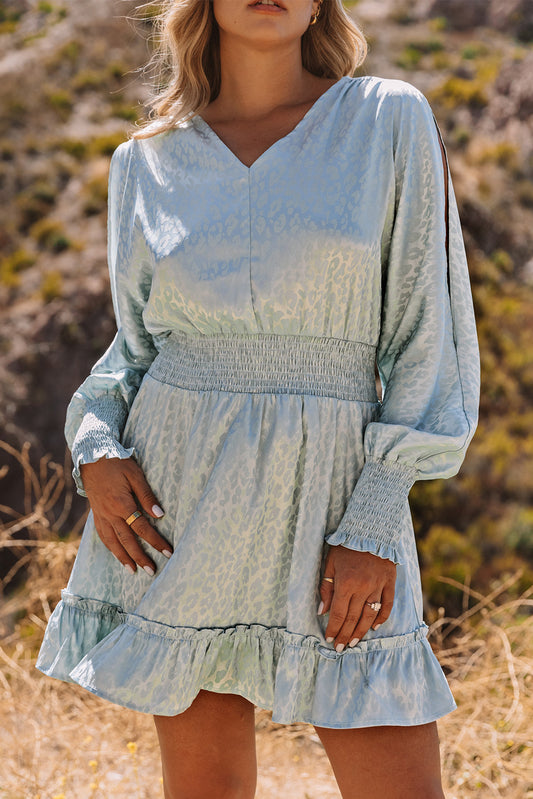 Split Sleeves Smocked Waist Leopard Satin Dress