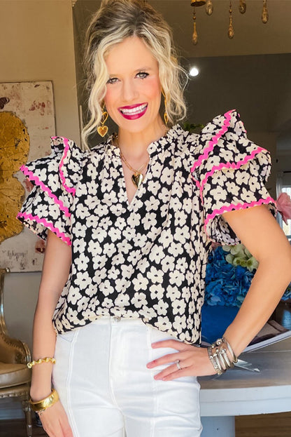 Pink Contrast Ric Rac Layered Ruffle Sleeve Floral Blouse