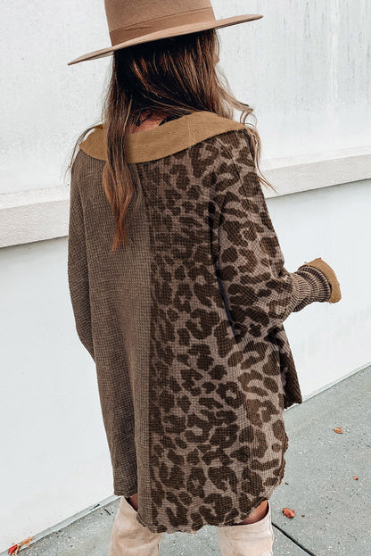 Black Waffle Knit and Leopard Print Color Block Oversized Henley Shirt