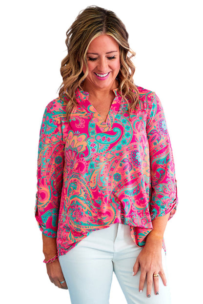 Paisley Print Split Neck Roll Tab Sleeve Plus Size Blouse