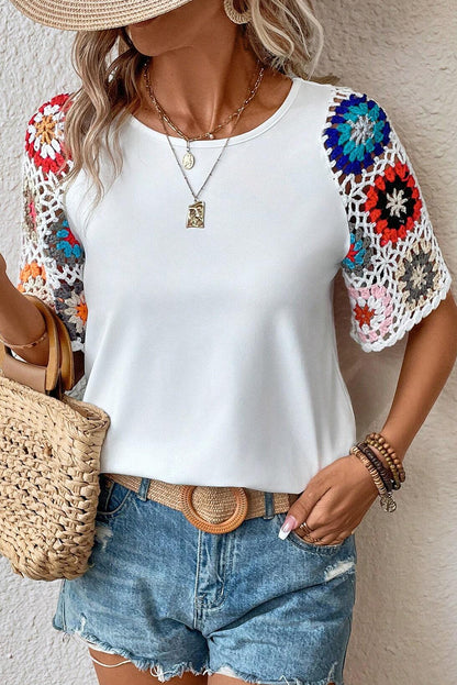 White Floral Hollowed Crochet Sleeve Boho Blouse