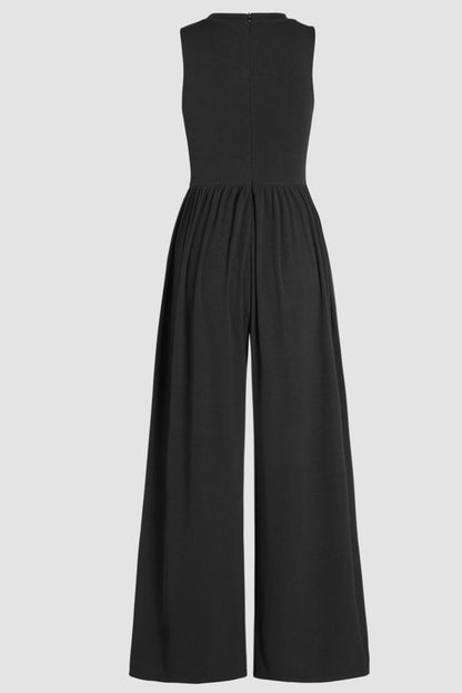 Black Plain Sleeveless Cinched Waist Wide Leg Jumpsuit