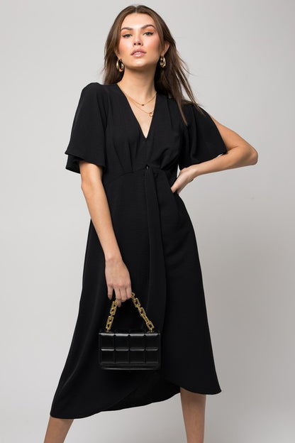 Solid V-Neck Midi Dress W-Front Knot