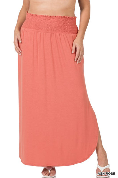 PLUS SMOCKED WAIST SIDE SLIT MAXI SKIRT