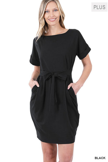 PLUS BRUSHED DTY TIE-BELT DRESS