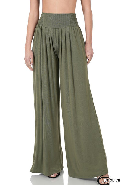 SMOCKED WAIST WIDE LEG PANTS