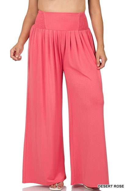 PLUS SMOCKED WAIST WIDE LEG PANTS