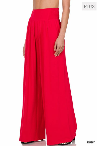 PLUS SMOCKED WAIST WIDE LEG PANTS