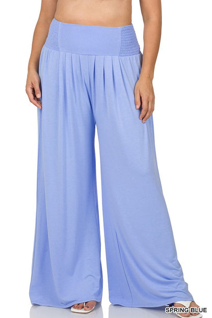 PLUS SMOCKED WAIST WIDE LEG PANTS