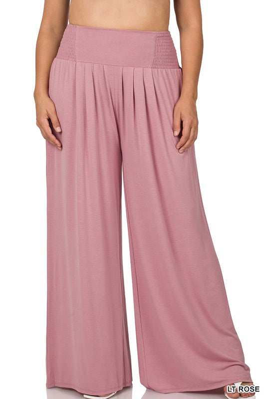 PLUS SMOCKED WAIST WIDE LEG PANTS