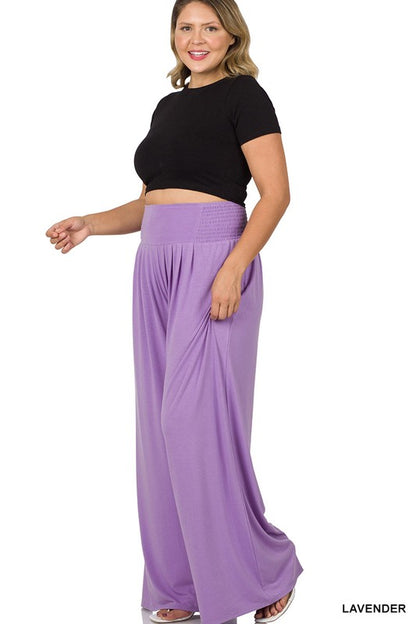 PLUS SMOCKED WAIST WIDE LEG PANTS