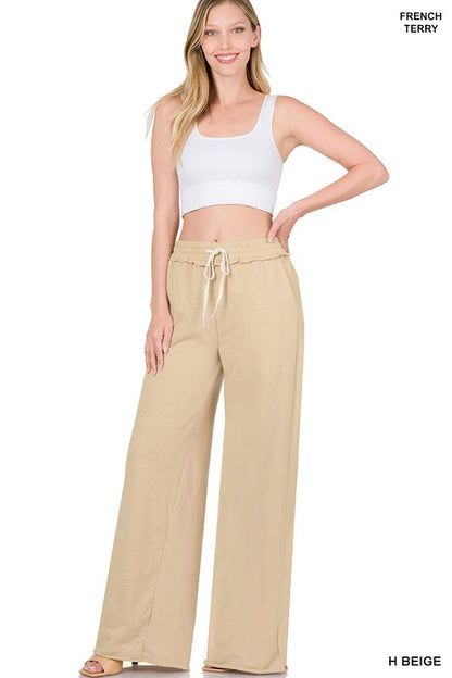 FRENCH TERRY DRAWSTRING WAIST RAW EDGE HEM PANTS