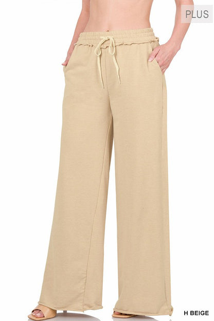 PLUS F/TERRY DRAWSTRING WAIST RAW EDGE HEM PANTS