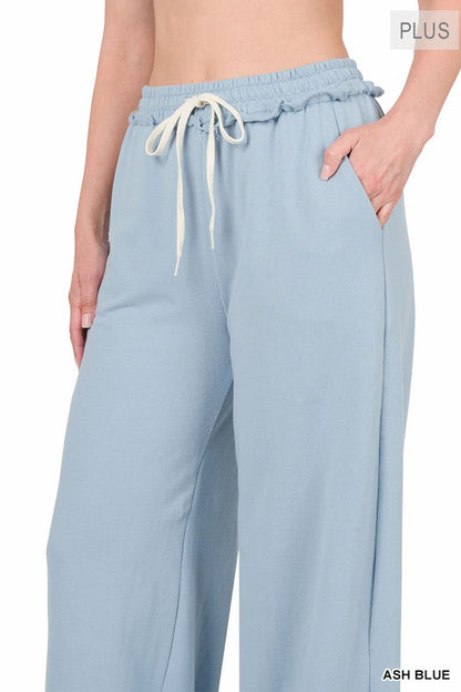 PLUS F/TERRY DRAWSTRING WAIST RAW EDGE HEM PANTS