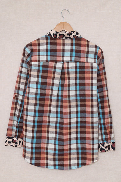 Multicolor Plaid Leopard Trim Collared Button Up Shirt