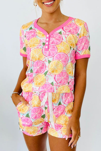 Yellow Fruit Print Henley Top & Shorts Pajama Set