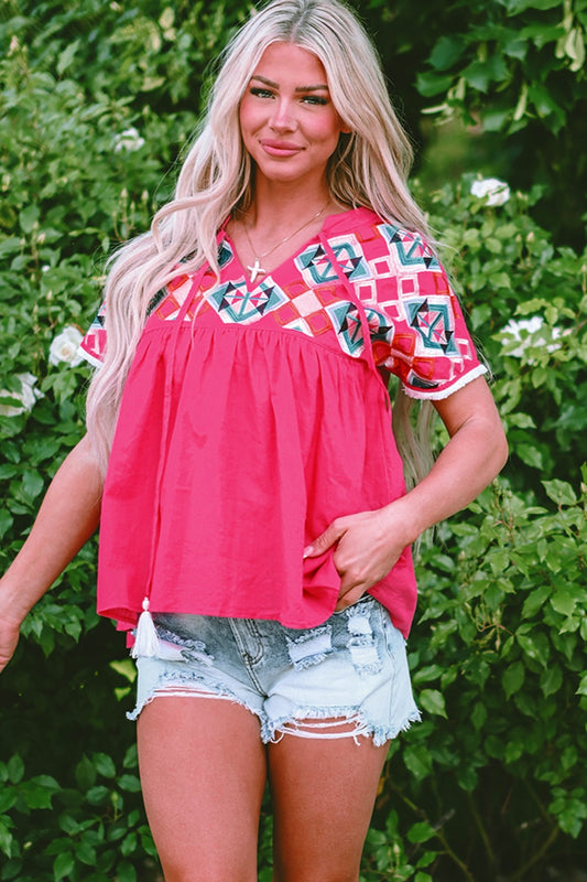 Embroidered Tie Neck Short Sleeve Blouse