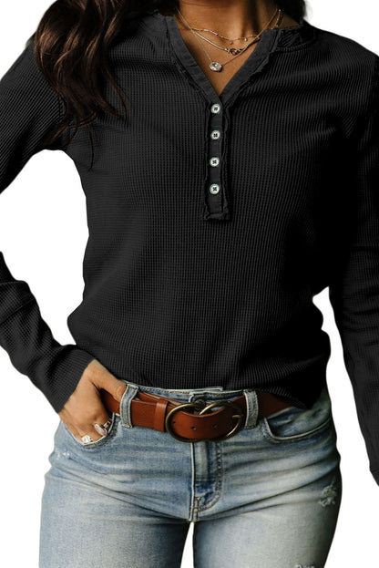 Green Solid Color Waffle Knit Long Sleeve Henley Shirt