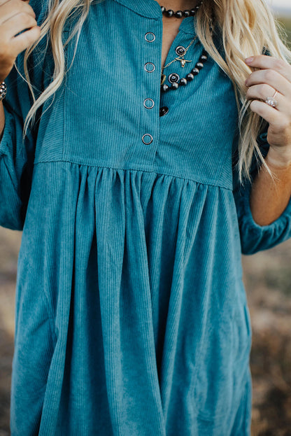 Light Blue Snap Button Empire Waist Lantern Sleeve Corduroy Dress