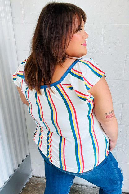 Multicolor Striped Raglan Flutter Sleeve Top