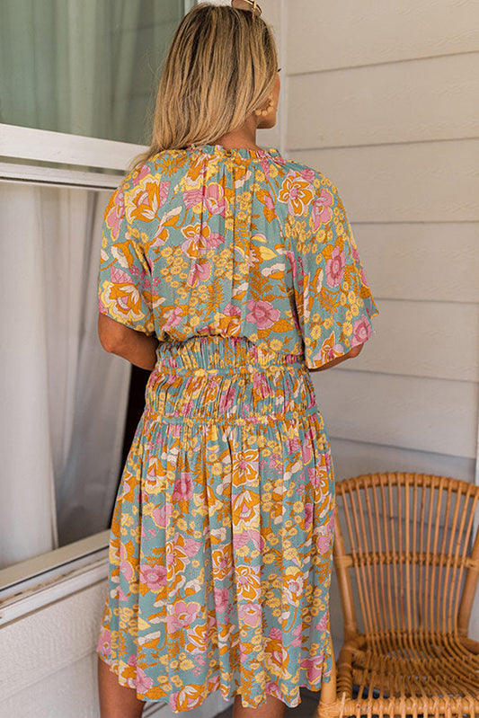 Boho Wide Sleeve Smocked Waist Floral Dress