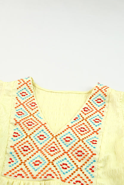 Yellow Geometric Embroidery Ruffles V Neck Textured Top