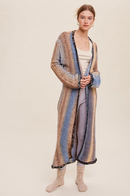 Multi Color Gradation Long Knit Open Cardigan