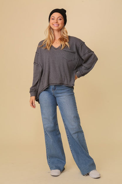 Thermal high low v-neck oversized top