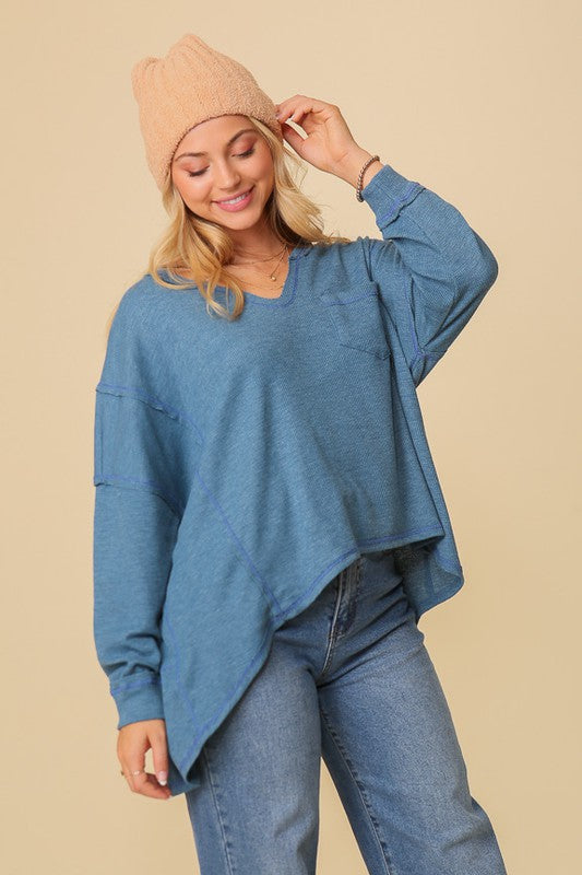 Thermal high low v-neck oversized top