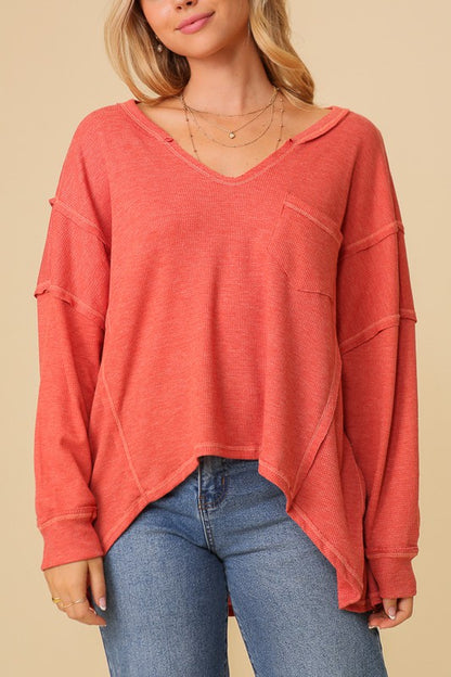 Thermal high low v-neck oversized top