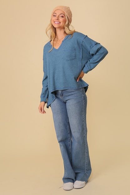 Thermal high low v-neck oversized top